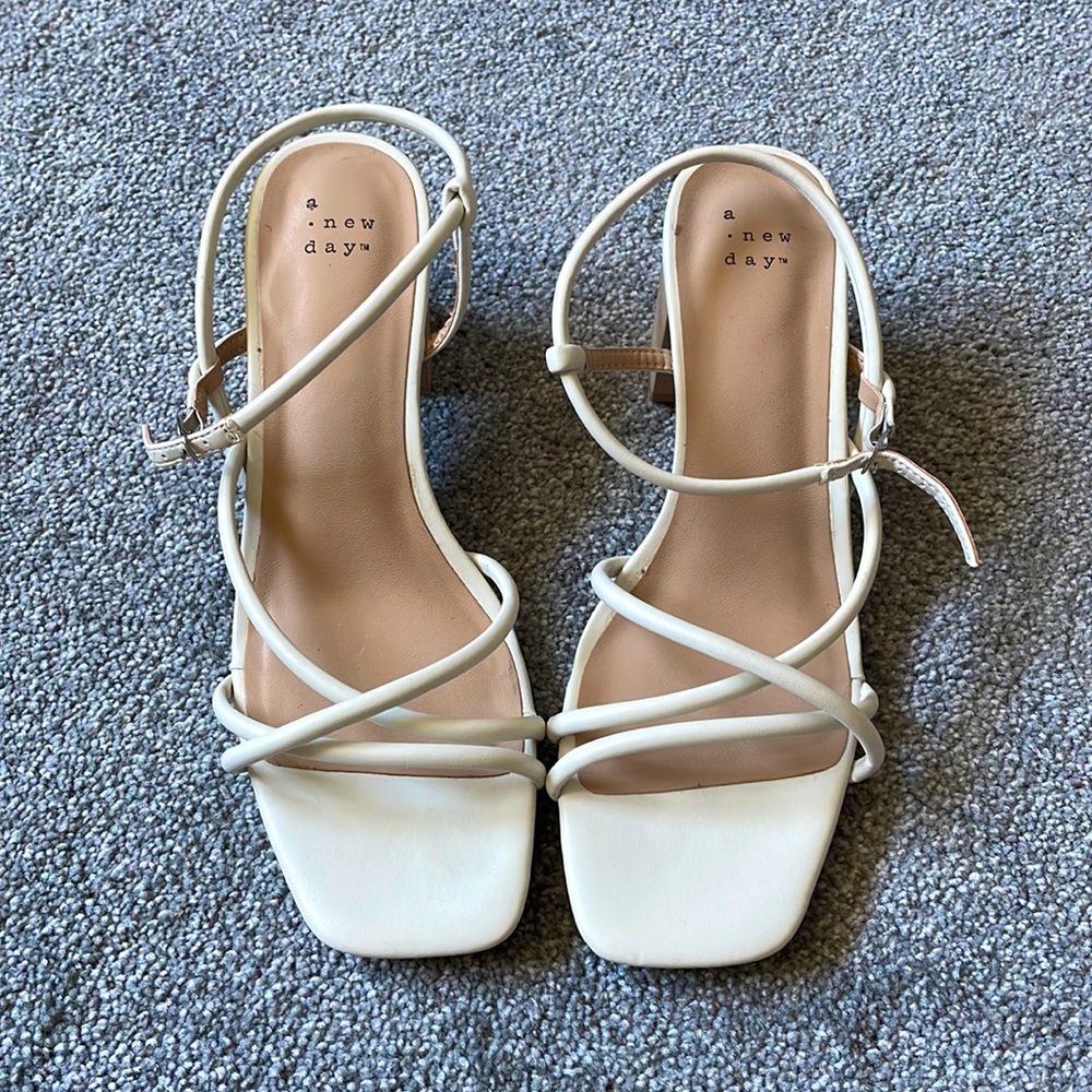ivory/white square toe strappy heels